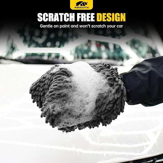 MIKKUPPA Car Wash Mitt Microfiber - Double-Sided Chenille Scratch Free Mitt with Waterproof Inner for Car Washing Home Cleaning (Gray, 2Pack, 10'' x 7'')