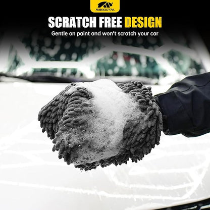 MIKKUPPA Car Wash Mitt Microfiber - Double-Sided Chenille Scratch Free Mitt with Waterproof Inner for Car Washing Home Cleaning (Gray, 2Pack, 10'' x 7'')
