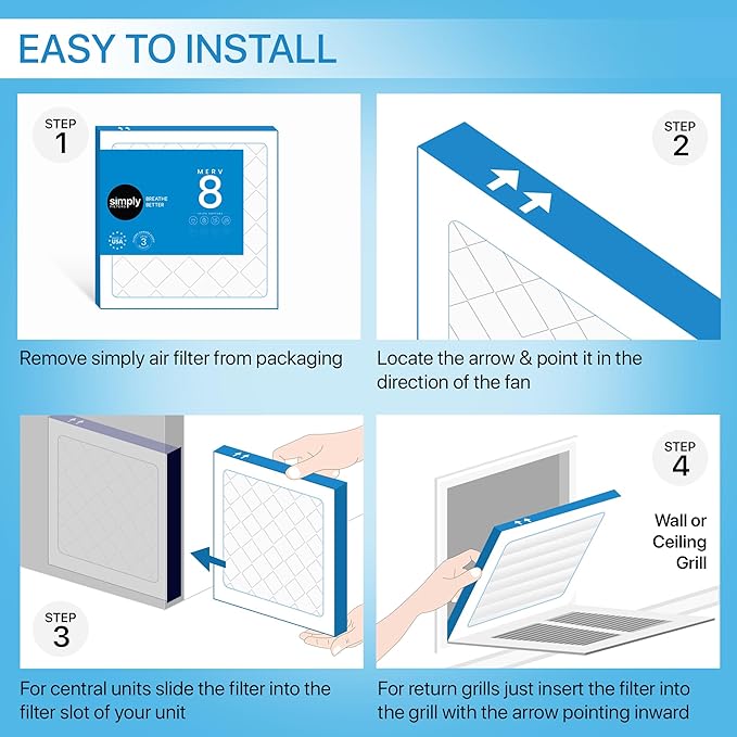 Simply 20x23x1 Air Filter, Merv 8, 6 Pack, For Home AC Furnace & HVAC (Actual Size: 19.56"x22.56"x0.75") DUST, Pet & Allergy Control,