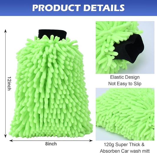 Car Wash Mitt Microfiber Gloves Chenille Material Microfiber Towels for Car Washing Supplies Kit Scratch Free Cleaning Fluorescent Green 2Pcs