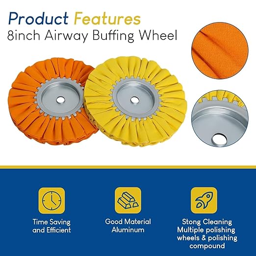 Ketofa 8'' Airway Buffing Wheel Kit, 6 Pcs Aluminum Wheel Polishing Kit in Diameter 5/8" Arbor Hole, Safety Flange, Buffing Wheel Rake, Metal Polishing Wheel 16Ply for Angle Grinder Mirror Finish