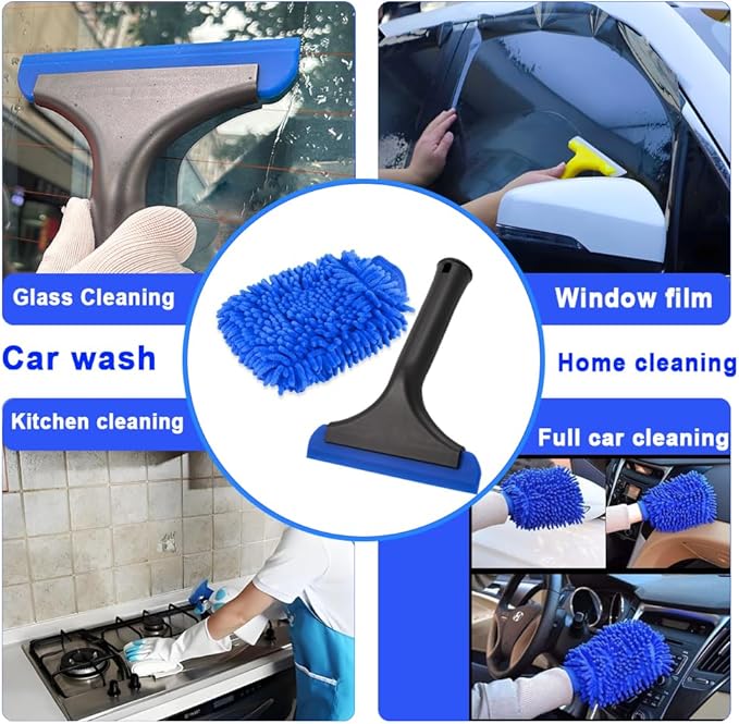 Window Tint Tool Small 6" Silicone Handy Cleaning Squeegee and Car Wash Mitt Chenille Microfiber Super Absorbent for Car Windshield, Window, Mirror, Glass Door,Shower(Blue)