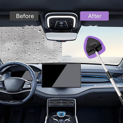 Qydipclin 10pcs Windshield Cleaning Tool Inside Car Window Cleaner Wash Kit with 4 Reusable Microfiber Pads 1 Spray Bottle and Extendable Handle Interior Auto Glass Wiper Kit, Purple