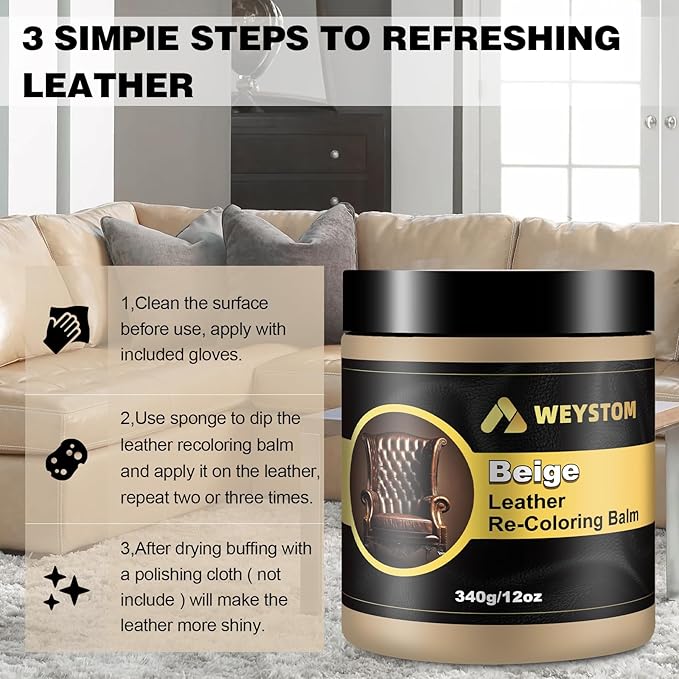 WEYSTOM Leather Recoloring Balm, 12oz Large Size Leather Dye, Color Restorer, Scratch Repair, Furniture & Couch Restorer Kit, Repair Kit for Furniture(Beige)