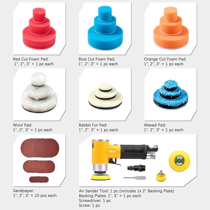 ZHONG AN 1/2/3 in Mini Orbital Sander Pneumatic da sander Polisher Smooth and Swirl Freely for Auto Body Work Wood working with 18Pcs 1/2/3in Polishing Sponge & Wool Pads, 30Pcs Sandpapers(Yellow)