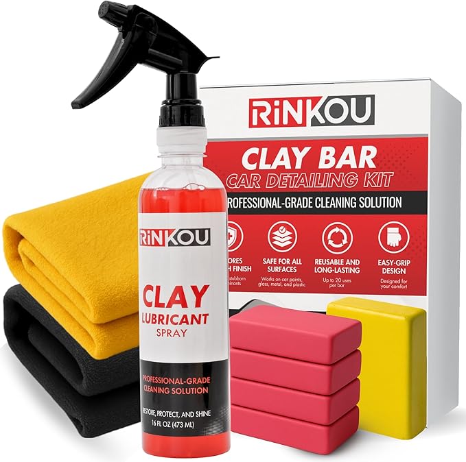 Clay Bar Kit - Includes 5 Car Clay Bars for Auto Detailing (100g + 4x50g) + 16 fl. oz Lubricant + 2 Microfiber Cloths for Scratch-Free Finishing, Essential Kit for Car Detailing