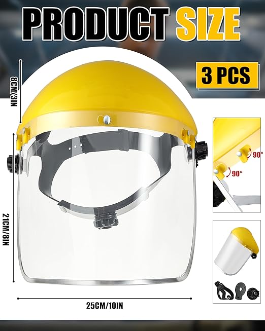 Copkim 3 Pack Safety Face Mask Shield for Grinding Clear Full Face Impact Resistant Safety Full Impact Resistant Mask Shield for Work Construction Cutting (PET Yellow)