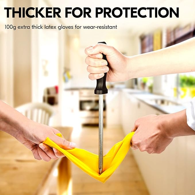 Vgo... 1-Pair Reusable Household Gloves, Rubber Dishwashing gloves, Extra Thickness, Long Sleeves, Kitchen Cleaning, Working, Painting, Gardening, Pet Care (Size L, Yellow, HH4601)