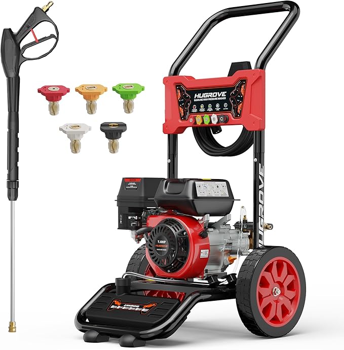 HURGOVE Gas Pressure Washer for Home Use, 4000 PSI Power Washer with 210CC Engine, 26FT Hose & 5 Nozzles for Driveways, Cars, Patios & Fences