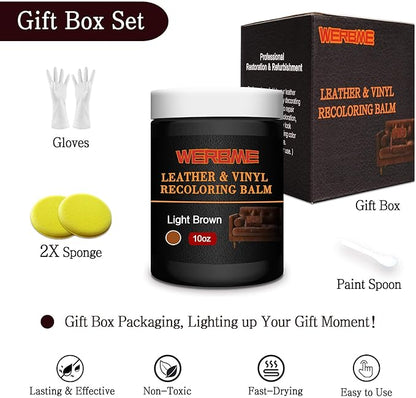 WERBME Leather Recoloring Balm & Color Restorer - 10OZ Multipurpose Dye & Paint for Faded Leather Couches, Car Seats, Shoes | Fix Scratches on Clothing, Furniture & Accessories(Light Brown)