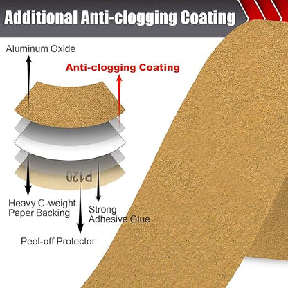 120 Grit PSA Longboard Sandpaper, 20-Yard Long Continuous Roll 2-3/4" Wide Self-Adhesive Sanding Paper for Auto Body Woodworking Metalworking