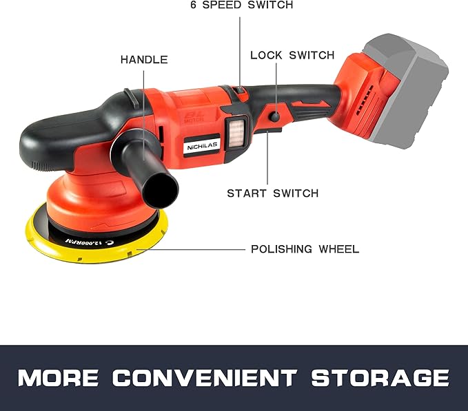 Nichilas Cordless Car Polisher, Orbital Portable Polishing Waxer Machine with Brushless Motor 6 speeds 750-6800RPM, Compatible with Milwaukee M18 Batteries (NO BATTERY)
