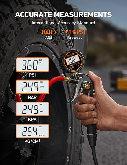 AstroAI T1 Digital Tire Pressure Gauge with Inflator, 3-250 PSI Air Chuck with Pressure Gauge, Heavy Duty with Quick Connect Coupler, Calibrated to ANSI B40.7 Grade 2A