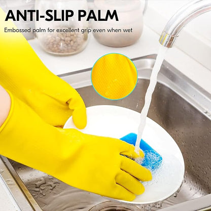 Vgo... 1-Pair Reusable Household Gloves, Rubber Dishwashing gloves, Extra Thickness, Long Sleeves, Kitchen Cleaning, Working, Painting, Gardening, Pet Care (Size XL, Yellow, HH4601)
