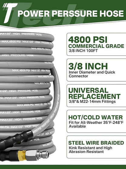 3/8" 4800PSI Pressure Washer Hose 100FT with Swivel Quick Connect for Cold/Hot Water Max 248°F, Kink Resistant Steel Wire Braided, Wear Resistant Power Washer Hose with M22 14mm Adapter