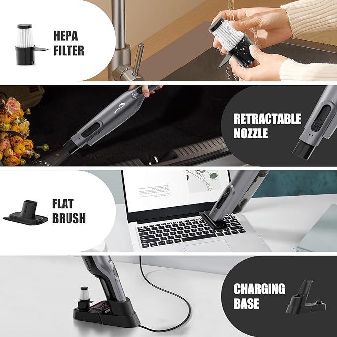 AYONTIN Cordless Handheld Vacuum, Lightweight Portable Hand Vacuum Cleaner with LED Light,Rechargeable Hand Held Vacuum with One-Touch Empty, Powerful Suction for Office, Home,Car,Steel