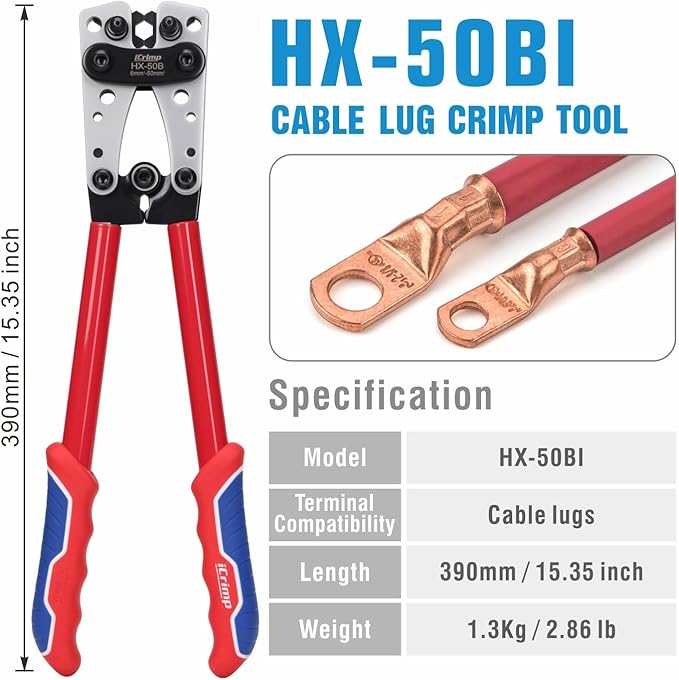 iCrimp Battery Cable Lug Crimping Tool for 8, 6, 4, 2, 1, 1/0 AWG Heavy Duty Wire Lugs, Battery Terminal, Copper Lugs with Wire Shear Cutter