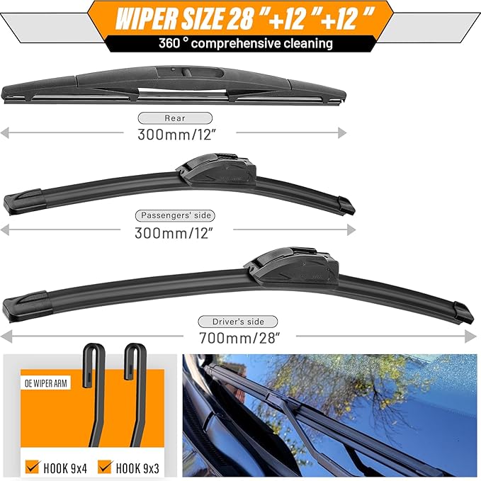AUTOBOO 28"+12" Windshield Wipers with 12" Rear Wiper Blade Sets Replacement for Nissan Versa Note 2014-2019 -Original Factory Quality (Pack of 3)