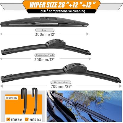 AUTOBOO 28"+12" Windshield Wipers with 12" Rear Wiper Blade Sets Replacement for Nissan Versa Note 2014-2019 -Original Factory Quality (Pack of 3)