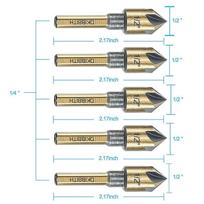 Countersink Drill Bit Set, 5 Pieces High Speed Steel 82 Degree 5 Flute 6mm Round Shank Mill Cutter Bit Countersink in Sizes 1/2" Set with Carrying Case.