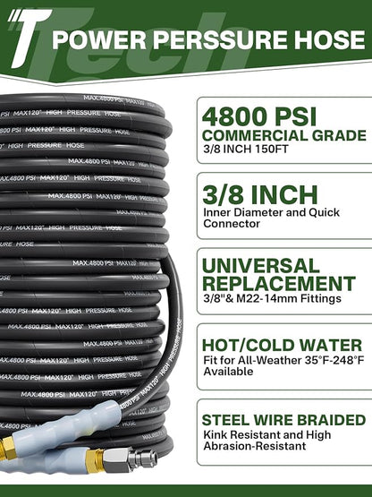 3/8" 4800PSI Pressure Washer Hose 150FT with Swivel Quick Connect for Cold/Hot Water Max 248°F, Kink Resistant Steel Wire Braided, Wear Resistant Power Washer Hose with M22 14mm Adapter