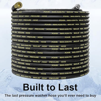 POHIR Pressure Washer Hose 50 ft with 3/8 Inch Quick Connect, Kink Resistant High Tensile Wire Braided,with 2 pcs M22 14mm Adapter Set, 4200 PSI Power Washer Hose