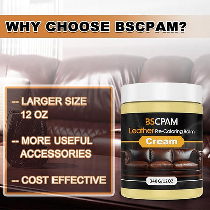 BSCPAM Cream White Leather Recoloring Balm, 12oz Leather Color Restorer for Couches, Leather Repair Kit for Furniture, Leather Dye for Leather Fade, Leather Repair Restore car seat