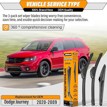 AUTOBOO 24"+19" Windshield Wipers Blades Replacement for 2009-2018 2019 2020 Dodge Journey with 12" Rear Wiper Blade -Original Factory Quality (Pack of 3)