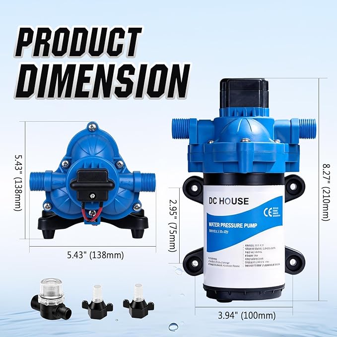 DC HOUSE 12V RV Water Diaphragm Pump Quiet Replacement, 3.5GPM 45PSI On Demand Self Priming Fresh Water Pump with Pressure Switch for Camper, Marine, Boat, Travel Trailer & Off-Grid Use