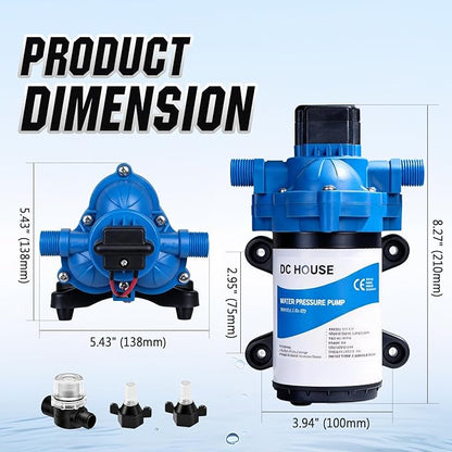 DC HOUSE 12V RV Water Diaphragm Pump Quiet Replacement, 3.5GPM 45PSI On Demand Self Priming Fresh Water Pump with Pressure Switch for Camper, Marine, Boat, Travel Trailer & Off-Grid Use