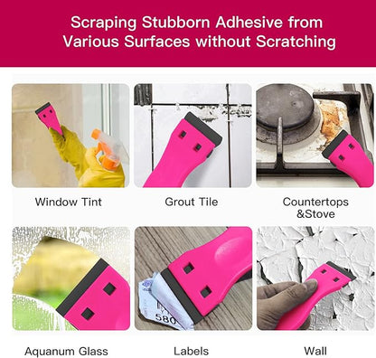 DEKEones Plastic Razor Blade Scraper, 2 Pack Razor Scraper with 100 Pcs Razor Blades for Removing Glue, Sticker, Decals, Tint from Car Window and Glass(Pink)