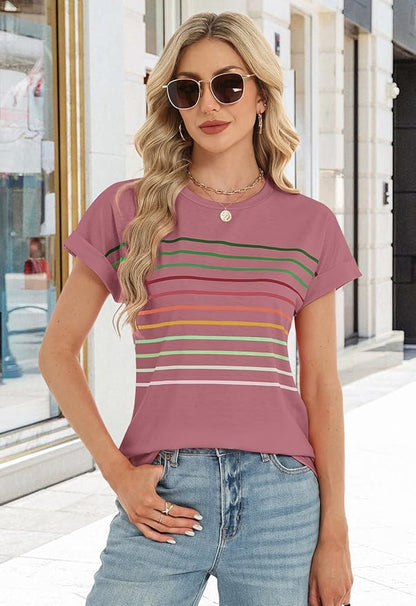 Womens Summer Tops Short Dolman Sleeve Crew Neck Striped Shirts Spring 2026 Fashion Beach Vacation Clothing