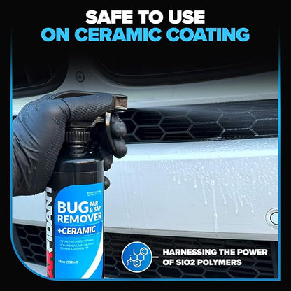 Carfidant Bug Remover for Cars Exterior - Car Bug Cleaner Spray with Ceramic Coating - Removes Bug Splatter & Bird Poop - Safe on Paint, Glass, Plastic, Metal - Windshield Pre Wash - 18 fl oz + Sponge