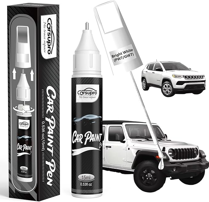 Bright White(PW7/GW7) for Jeep Touch Up Paint Pen, 2 in 1 Car Scratch Remover with Pen Tip and Brush, Precise Color Match for Car Paint Scratch Repair, Quickly and Easily Fix Chips and Nicks
