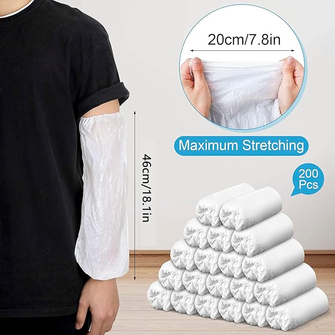 FIPASEN Disposable Oversleeves Covers, 200PCS Plastic Arm Sleeves Covers for Painting Repairing Cleaning Tattooing - White