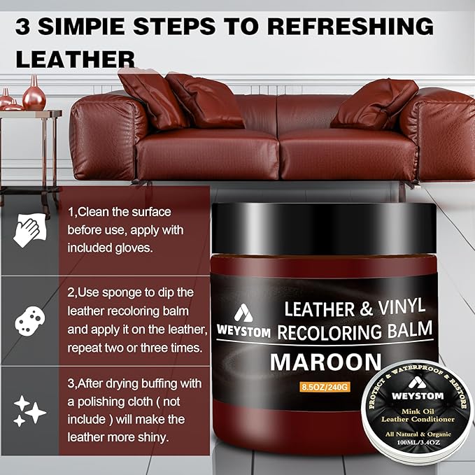 8.5 OZ Leather Recoloring Balm with 100ML Leather Conditioner - Maroon Leather Repair Kit for Furniture, Leather Dye, Recolor, Renew, Repair & Restore Aged, Faded, Cracked, Peeling and Scuffed Leather