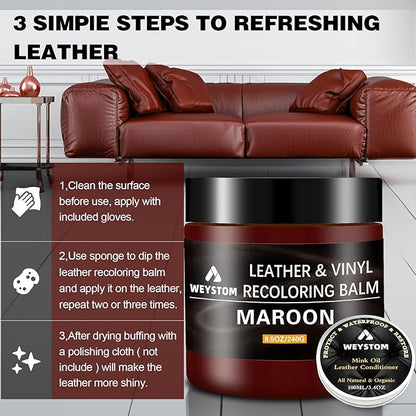 8.5 OZ Leather Recoloring Balm with 100ML Leather Conditioner - Maroon Leather Repair Kit for Furniture, Leather Dye, Recolor, Renew, Repair & Restore Aged, Faded, Cracked, Peeling and Scuffed Leather