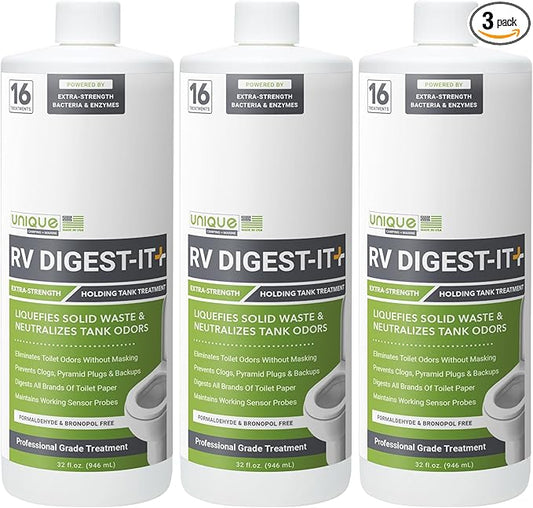 Unique RV Digest-It+, Extra-Strength RV Toilet Treatment - Liquifies Waste and All Brands of Toilet Paper - Odor Eliminator 32 oz (3-Pack)