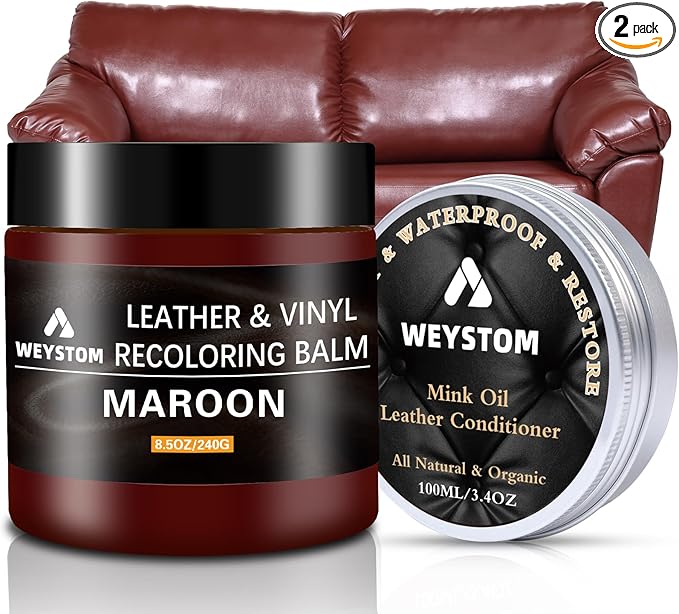 8.5 OZ Leather Recoloring Balm with 100ML Leather Conditioner - Maroon Leather Repair Kit for Furniture, Leather Dye, Recolor, Renew, Repair & Restore Aged, Faded, Cracked, Peeling and Scuffed Leather