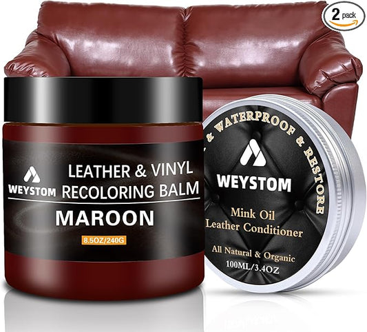 8.5 OZ Leather Recoloring Balm with 100ML Leather Conditioner - Maroon Leather Repair Kit for Furniture, Leather Dye, Recolor, Renew, Repair & Restore Aged, Faded, Cracked, Peeling and Scuffed Leather