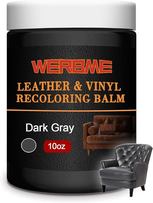 WERBME Leather Recoloring Balm & Color Restorer - 10 OZ Multipurpose Dye & Paint for Faded Leather Couches, Car Seats, Shoes | Fix Scratches on Clothing, Furniture & Accessories(Dark Gray)