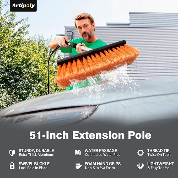 51" Car Wash Brush with Long Handle, Flow-Thru Soft Bristle Car Washing Brush with Extendable Handle and Hose Attachment and On/Off Switch for Car, RV, SUV, Truck, Boat, House Siding