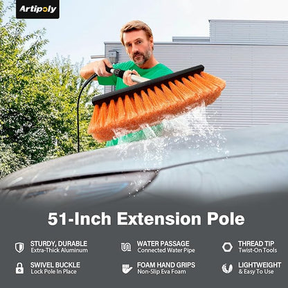 51" Car Wash Brush with Long Handle, Flow-Thru Soft Bristle Car Washing Brush with Extendable Handle and Hose Attachment and On/Off Switch for Car, RV, SUV, Truck, Boat, House Siding