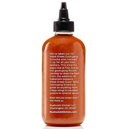 Weak Knees Super Spicy Gochujang Sriracha Hot Sauce, Bold Korean Gochujang Paste with a Kick & Fiery Heat from Habanero Peppers, Made in the USA, 10.5oz Squeeze Bottle