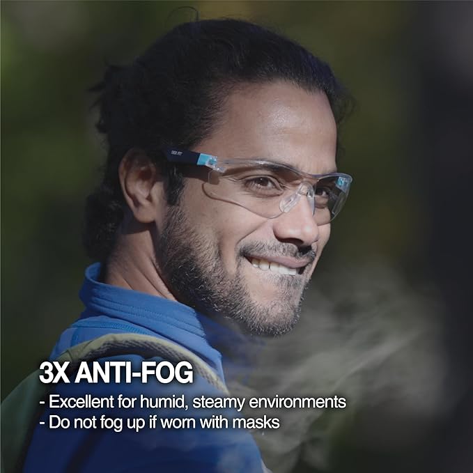 DEX FIT Safety Glasses SG210, Z87 Eye Protection, 3X Anti-Fog & Scratch Resistant, Adjustable for Women and Men, UV Protection (Black & Blue Frame, Clear Lens)