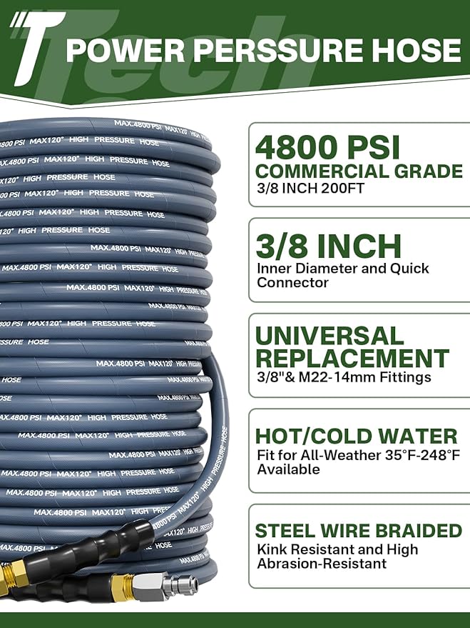 3/8" 4800PSI Pressure Washer Hose 200FT with Swivel Quick Connect for Cold/Hot Water Max 248°F, Kink Resistant Steel Wire Braided, Wear Resistant Power Washer Hose with M22 14mm Adapter