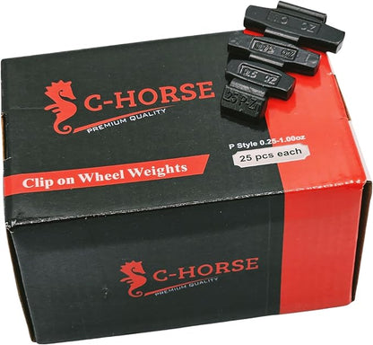 C-HORSE 100Pcs P Series Clip on Wheel Weights Black Coated Assortment for Hammer Type Rim Balancers, 0.25oz, 0.50oz, 0.75oz, 1.0oz, 25pcs for Each Size Fit for Steel Wheel (P Style, 0.25-1)