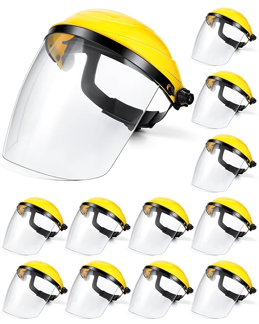 Tellegloww 12 Pack Safety Face Shield for Grinding and Cutting, Full Impact Resistant Face Shield Mask for Work Chemical Woodworking (Yellow)