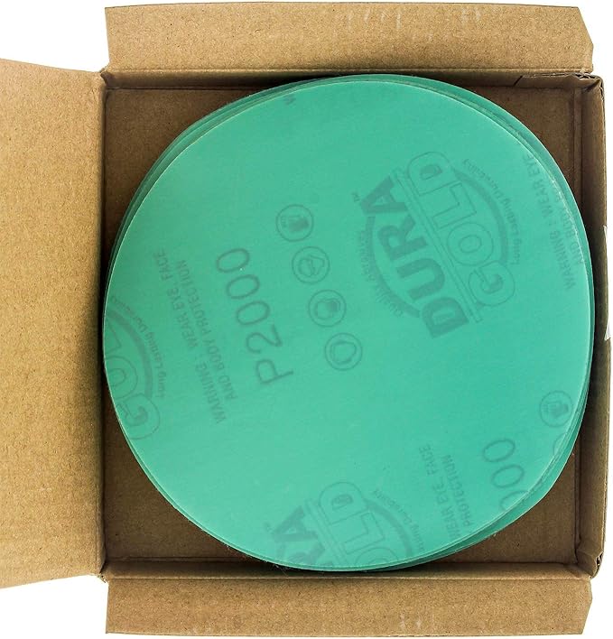 Dura-Gold Premium 5" Green Film Sanding Discs - 2000 Grit (Box of 50) - Hook & Loop Backing Sandpaper Discs for DA Sanders, Finishing Cut Abrasive, Sand Automotive Paint Car Detailing Woodworking Wood
