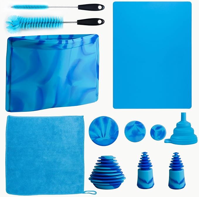 Glass Cleaning Kit with Reusable Silicone Accessories - Complete Set of Cleaning & Storage Tools for Easy Glassware Care，Reusable Microfiber Towel & Soaker Bag, Brushes, Mat, Caps Funnel & Plugs